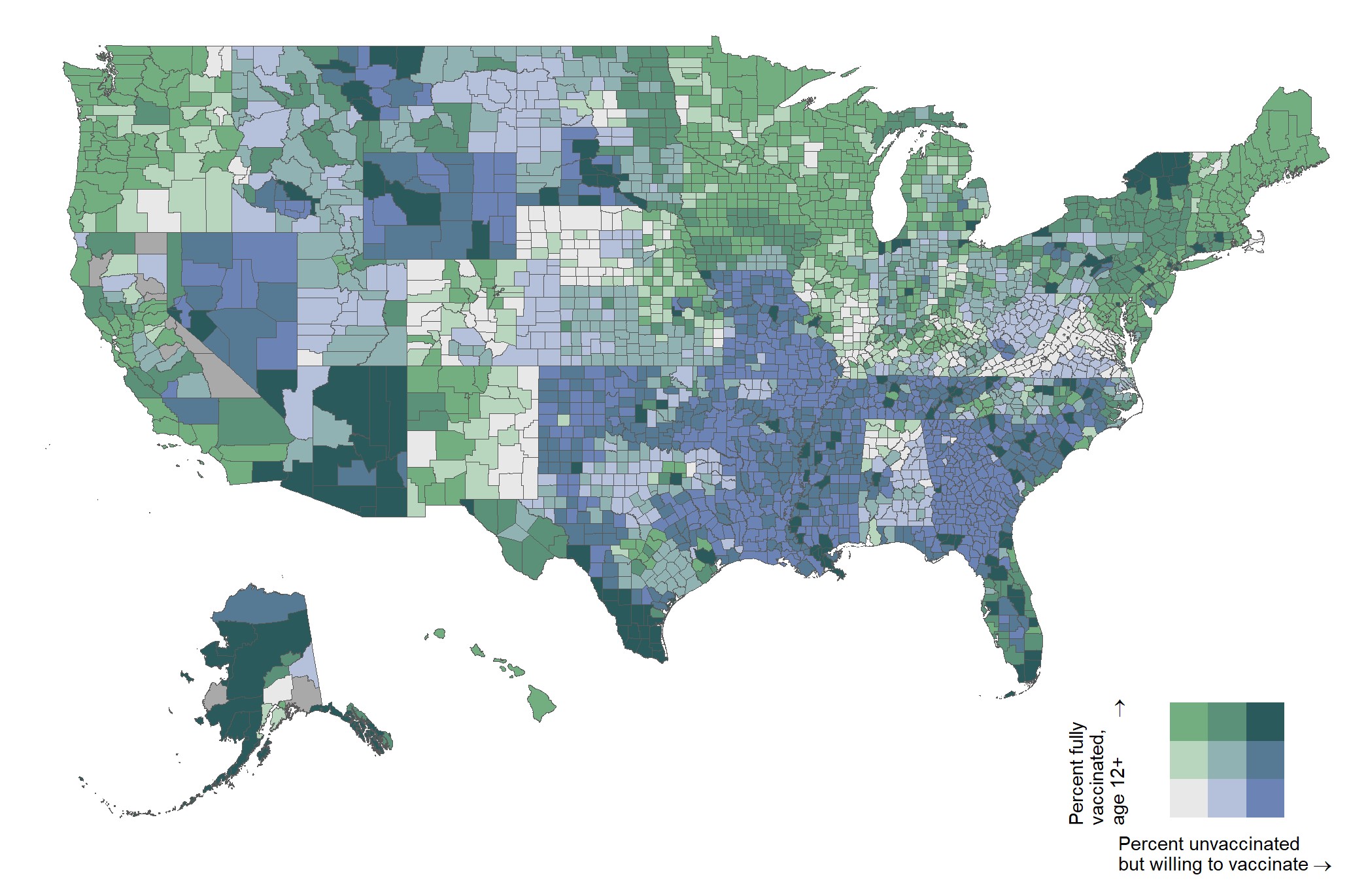 This image is a map of U.S. counties showing the estimated percent of adults who are unvaccinated but willing to vaccinate as well as the percent of the population aged 12 and over who are fully vaccinated in each county.  Counties in the Southeast, particularly those in Louisiana, Arkansas, Tennessee, Mississippi, and Georgia, tended to have high estimates of unvaccinated but willing as well as low vaccination rates.  Conversely, counties in the Northeast, upper Midwest, and the West Coast tended to have high vaccination rates and low estimates of unvaccinated but willing.  Scattered counties in parts of the West, Alaska, and Northeast have both high vaccination coverage and high estimates of unvaccinated but willing.