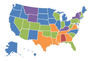 EXHIBIT 1.10, 2013 State Map: 0-10% = Kentucky, Montana, New York, Vermont, Wyoming. 11-25% = Alaska, California, Connecticut, Hawaii, Idaho, Illinois, Iowa, Maine, Maryland, Michigan, Minnesota, Nebraska, New Mexico, North Carolina, North Dakota, Ohio, Oregon, Rhode Island, South Dakota, Washington. 26-40% = Arizona, Arkansas, Colorado, Florida, Indiana, Kansas, Massachusetts, Nevada, New Hampshire, New Jersey, Oklahoma, Pennsylvania, South Carolina, Utah, West Virginia, Wisconsin. 41-60% = Georgia, Louisiana, Mississippi, Missouri, Tennessee, Texas, Virginia. More than 60% = Alabama, Delaware.