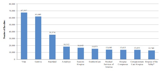 EXHIBIT 1.5, Bar Chart: Vitas (67,197), Gentiva (61,640), Heartland (35,374), Amedisys (18,312), Seasons Hospice (16,643), SouthernCare (15,073), Medical Services of America (13,680), Hospice Compassus (13,613), Compassionate Care Hospice (13,451), Hospice of the Valley* (12,740).