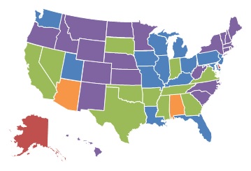 EXHIBIT 1.8, 2000 State Map: 0-10% = Colorado, Connecticut, Hawaii, Idaho, Kansas, Maine, Massachusetts, Minnesota, Montana, Nebraska, New Hampshire, New Mexico, New York, North Carolina, North Dakota, Oregon, Rhode Island, South Carolina, Vermont, West Virginia, Wyoming. 11-25% = Florida, Illinois, Iowa, Kentucky, Louisiana, Maryland, Michigan, Missouri, New Jersey, Ohio, Pennsylvania, Utah, Washington, Wisconsin. 26-40% = Arkansas, California, Georgia, Indiana, Mississippi, Nevada, Oklahoma, South Dakota, Tennessee, Texas, Virginia. 41-60% = Alabama, Arizona. More than 60% = Alaska, Delaware.