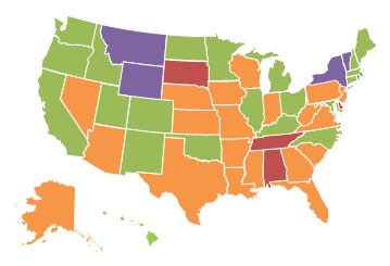 EXHIBIT 1.8, 2013 State Map: 0-10% = Montana, New York, Vermont, Wyoming. 11-25% = none. 26-40% = California, Colorado, Connecticut, Hawaii, Idaho, Illinois, Kentucky, Maine, Maryland, Massachusetts, Michigan, Minnesota, New Hampshire, New Mexico, North Carolina, North Dakota, Ohio, Oklahoma, Oregon, Rhode Island, Utah, Washington. 41-60% = Alaska, Arizona, Arkansas, Florida, Georgia, Indiana, Iowa, Kansas, Louisiana, Mississippi, Missouri, Nebraska, Nevada, New Jersey, Pennsylvania, South Carolina, Texas, Virginia, West Virginia, Wisconsin. More than 60% = Alabama, Delaware, South Dakota, Tennessee.