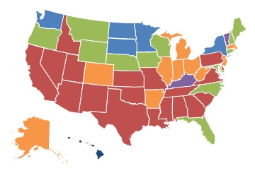 EXHIBIT 1.9, 2013 State Map: 0-10% = Kentucky, Vermont. 11-25% = Hawaii, Minnesota, New York, North Dakota, South Dakota, Washington. 26-40% = Connecticut, Florida, Iowa, Maine, Maryland, Montana, Nebraska, New Hampshire, North Carolina, Oregon, Rhode Island, Wisconsin, Wyoming. 41-60% = Alaska, Arkansas, Colorado, Illinois, Indiana, Massachusetts, Michigan, New Jersey, Ohio, West Virginia. More than 60% = Alabama, Arizona, California, Delaware, Georgia, Idaho, Kansas, Louisiana, Mississippi, Missouri, Nevada, New Mexico, Oklahoma, Pennsylvania, South Carolina, Tennessee, Texas, Utah, Virginia.