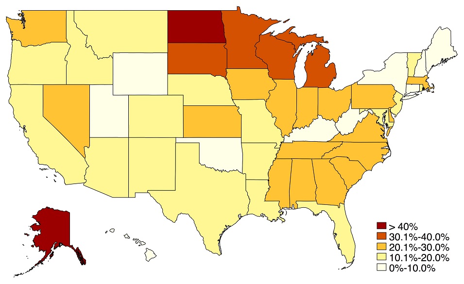 EXHIBIT 1.3, State Map: More than 40% -- Alaska, North Dakota. 30.1% to 40.0% -- Michigan, Minnesota, South Dakota, Wisconsin. 20.1% to 30.0% -- Alabama, Delaware, Georgia, Illinois, Indiana, Iowa, Kansas, Massachusetts, Mississippi, Nevada, North Carolina, Ohio, Pennsylvania, South Carolina, Tennessee, Virginia, Washington. 10.1% to 20.0% -- Arizona, Arkansas, California, Colorado, Florida, Idaho, Louisiana, Maryland, Missouri, Montana, Nebraska, New Jersey, New Mexico, Oregon, Rhode Island, Texas, Vermont. 0% to 10.0% -- Connecticut, Hawaii, Kentucky, Maine, New Hampshire, New York, Oklahoma, Utah, West Virginia, Wyoming.