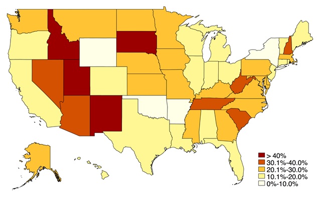 EXHIBIT 2.3, State Map: More than 40% -- Idaho, New Mexico, South Dakota, Utah. 30.1% to 40.0% -- Arizona, Nevada, New Hampshire, South Carolina, Tennessee, West Virginia. 20.1% to 30.0% -- Alaska, Delaware, Georgia, Iowa, Kansas, Kentucky, Maryland, Massachusetts, Minnesota, Mississippi, Missouri, Montana, Nebraska, North Carolina, North Dakota, Pennsylvania, Virginia, Washington. 10.1% to 20.0% -- Alabama, California, Colorado, Connecticut, Florida, Hawaii, Illinois, Indiana, Louisiana, Maine, Michigan, New Jersey, Ohio, Oregon, Rhode Island, Texas, Vermont, Wisconsin. 0% to 10.0% -- Arkansas, New York, Oklahoma, Wyoming.