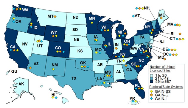 EXHIBIT 4, US State Map: This exhibit presents the total number of GAIN sites by state in the United States since 1993. Sites are broken up by number of unique licensed sites 1-20, 21-48, 49-567 and which GAIN tools are used, GAIN-SS, GAIN-Q, GAIN-I. 