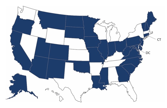 FIGURE 3, United States Map. Shows states who made policy changes, such as: Alaska, Arizona, California, Colorado, Connecticut, Delaware, District of Columbia, Georgia, Illinois, Indiana, Iowa, Louisiana, Maine, Maryland, Minnesota, Mississippi, Missouri, Montana, New Hampshire, New Jersey, New Mexico, North Carolina, North Dakota, Ohio, Oklahoma, Oregon, Pennsylvania, Rhode Island, South Carolina, South Dakota, Utah, Vermont, Virginia, West Virginia.