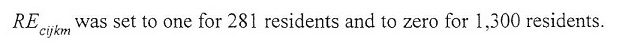 Equation: RE(subscript cijkm) was set to one for 281 residents and to zero for 1,300 residents.