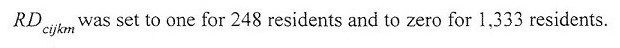 Equation: RD(subscript cijkm) was set to one for 248 residents and to zero for 1,333 residents.