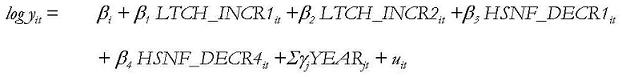 Equation: log y(subscript it) = B(subscript i) + B(subscript 1) LTCH_INCR1(subscript it) + B(subscript 2) LTCH_INCR2(subscript it) + B(subscript 3) HSNF_DECR1(subscript it) + B(subscript 4) HSNF_DECR4(subscript it) + EY(subscript j)YEAR(subscript jt) + u(subscript it).