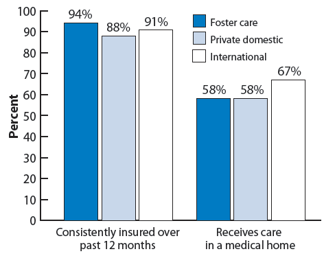 Figure 18. Percentage of adopted children according to measures of health context and insurance, by adoption type