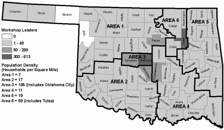 Figure V.1. Oklahoma Marriage Initiative: Workshop Leaders by County. See text for explanation.