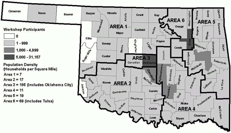 Figure 5.2.Oklahoma Marriage Initiative:  Workshop Participants by County. See text for explanation.