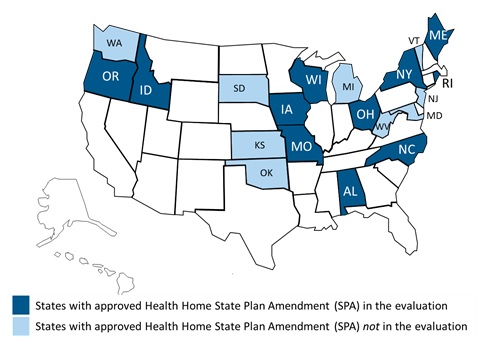 FIGURE 1, State Map: States with approved Health Home SPA in the evaluation (Alabama, Idaho, Iowa, Maine, Missouri, New York, North Carolina, Ohio, Oregon, Rhode Island, Wisconsin); States with approved Health Home SPA not in the evaluation (Kansas, Maryland, Michigan, New Jersey, Oklahoma, South Dakota, Vermont, West Virginia, Washington).