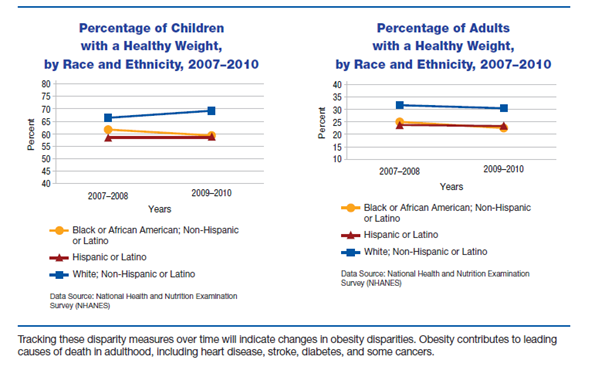 Figure 5. Tracking these disparity measures over time will indicate changes in obesity disparities.  Obesity contributes to leading causes of death in adulthood, including heart disease, stroke, diabetes, and some cancers.