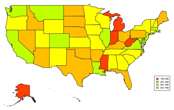 FIGURE 1, State Map: 150-250 (Alaska, Michigan, Indiana, Mississippi, and West Virginia); 251-300 (Arizona, Arkansas, Florida, Idaho, Kentucky, Maine, Nebraska, Nevada, North Dakota, Ohio, Oklahoma, Pennsylvania, South Dakota, and Texas); 301-400 (Alabama, Connecticut, Georgia, Iowa, Kansas, Minnesota, Missouri, New Hampshire, New Mexico, New York, North Carolina, Oregon, South Carolina, Tennessee, Utah, Vermont, Wyoming); 401-700 (Washington, California, Montana, Colorado, Illinois, Louisiana, Virginia, Maryland, Delaware, New Jersey, Massachusetts, District of Columbia, Rhode Island).