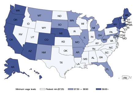 FIGURE 1, US State Map: This exhibit shows states and U.S territories grouped by minimum wage categories in 2017. There are 22 states and 1 U.S territory, colored white, that only meet federal minimum wage requirement of $7.25 per hour: Alabama, Georgia, Idaho, Indiana, Iowa, Kansas, Kentucky, Louisiana, Mississippi, Nevada, New Hampshire, North Carolina, North Dakota, Oklahoma, Pennsylvania, Puerto Rico, South Carolina, Texas, Tennessee, Utah, Virginia, Wisconsin, and Wyoming. 14 states, colored light blue, have minimum hourly wages between $7.50 and $8.90: Arkansas, Delaware, Illinois, Florida, Maryland, Michigan, Minnesota, Missouri, Montana, New Mexico, New Jersey, Ohio, South Dakota, and West Virginia. 14 states, colored dark blue, have minimum hourly wages of $9.00 or higher: Alaska, Arizona, California, Colorado, Connecticut, Hawaii, Maine, Massachusetts, Nebraska, New York, Oregon, Rhode Island, Vermont, and Washington.