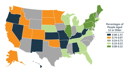 FIGURE 1.1, United States Map that shows the percentage of people aged 12 or older: 0.98-1.57 (Alabama, Arkansas, Hawaii, Kansas, Kentucky, Missouri, Nevada, New Mexico, Oregon, West Virginia); 0.74-0.97 (Alaska, California, Colorado, Idaho, Minnesota, North Dakota, Oklahoma, South Dakota, Utah, Washington); 0.54-0.73 (Arizona, Delaware, Indiana, Iowa, Mississippi, Montana, New Hampshire, North Carolina, South Carolina, Texas, Wyoming); 0.33-0.53 (Florida, Georgia, Louisiana, Massachusetts, Michigan, Nebraska, Ohio, Tennessee, Virginia, Wisconsin); 0.08-0.32 (Connecticut, District of Columbia, Illinois, Maine, Maryland, New Jersey, New York, Pennsylvania, Rhode Island, Vermont).