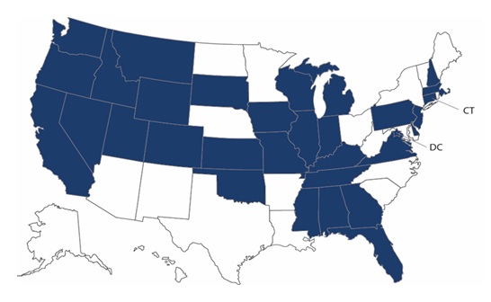 FIGURE 2, United States Map. Shows states who made policy changes, such as: Alabama, California, Colorado, Connecticut, Delaware, District of Columbia, Florida, Georgia, Idaho, Illinois, Indiana, Iowa, Kansas, Kentucky, Massachusetts, Michigan, Mississippi, Missouri, Montana, New Hampshire, New Jersey, Oklahoma, Oregon, Pennsylvania, South Dakota, Tennessee, Utah, Virginia, Washington, Wisconsin, Wyoming.