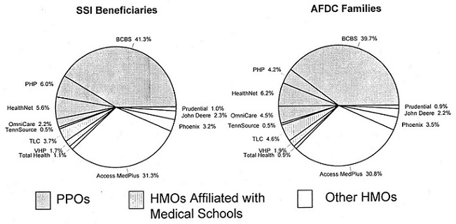 Pie Chart 1, SSI Beneficiaries: PPOs -- BCBS (41.3%), PHP (6.0%), HealthNet (5.6%), OmniCare (2.2%), TennSource (0.5%); HMOs Affiliated with Medical Schools -- TLC (3.7%), VHP (1.7%), Total Health (1.1%); Other HMOs -- Access MedPlus (31.3%), Phoenix (3.2%), John Deere (2.3%), Prudential (1.0%). Pie Chart 2, AFDC Families: PPOs -- BCBS (39.7%), PHP (4.2%), HealthNet (6.2%), OmniCare (4.5%), TennSource (0.5%); HMOs Affiliated with Medical Schools -- TLC (4.6%), VHP (1.9%), Total Health (0.9%); Other HMOs -- Access MedPlus (30.8%), Phoenix (3.5%), John Deere (2.2%), Prudential (0.9%).