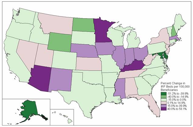 map of percent change in IRF beds per 100,000 beneficiaries 2000-2006 by state