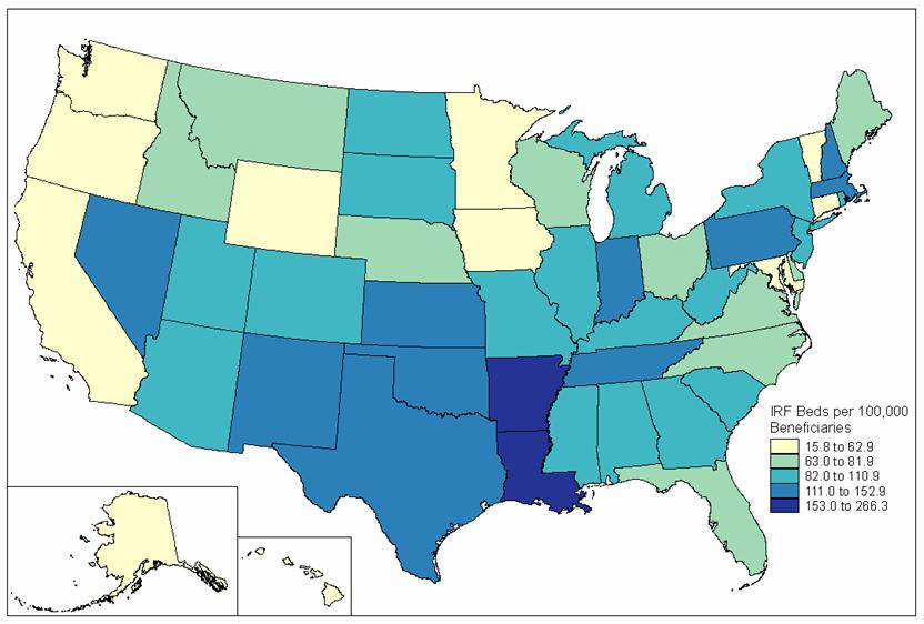 Country-wide map of IRF Beds per 100,000 beneficiaries