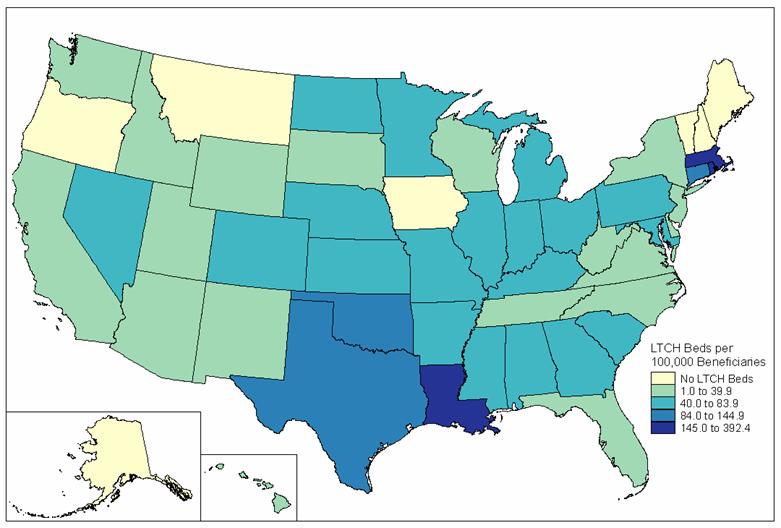 Country-wide map of LTCH Beds per 100,000 beneficiaries