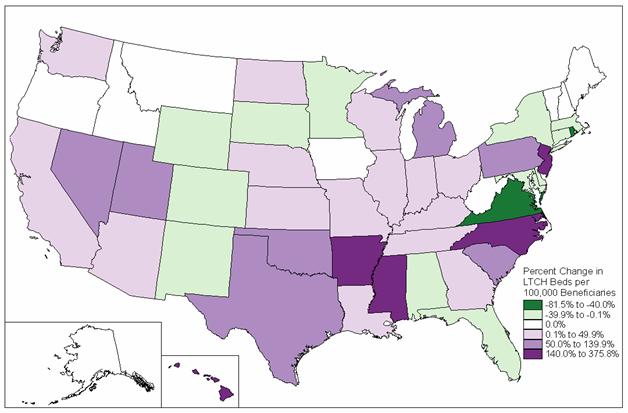 map of percent change in LTCH beds per 100,000 beneficiaries 2000-2006 by state