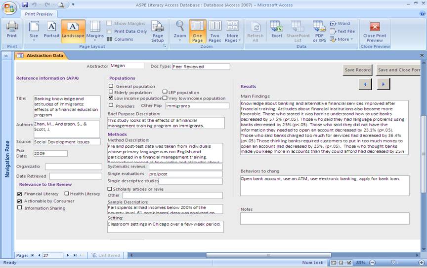 Screen Shot of Access Database