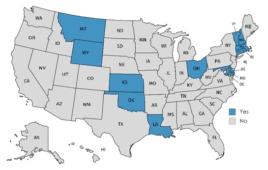 EXHIBIT 11, State Map. This exhibit is a map of the United States with the 13 states in which an SUD counselor is eligible to enroll in Optum’s commercial network as an independent provider shaded blue. The 13 states are: Connecticut, Delaware, Kansas, Louisiana, Maryland, Massachusetts, Montana, New Hampshire, Ohio, Oklahoma, Rhode Island, Vermont, and Wyoming. 