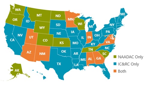 EXHIBIT 8, State Map. This exhibit distinguishing states' affiliations with 2 national credentialing bodies: NAADAC and IC&RC. Alaska, Colorado, Kansas, Montana, North Dakota, Oregon, South Carolina, Tennessee, Washington, Wisconsin, and Wyoming are affiliated with NAADAC. Alabama, Arizona, District of Columbia, Georgia, Indiana, Maryland, Minnesota, New Mexico, Utah, and Virginia are affiliated with both NAADAC and IC&RC. The remaining states are affiliated with IC&RC.