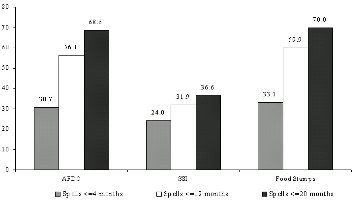 Figure IND 8. Percentage of AFDC, Food Stamp, and SSI Spells for Individuals Entering Programs During the 1993 SIPP Panel, by Length of Spell