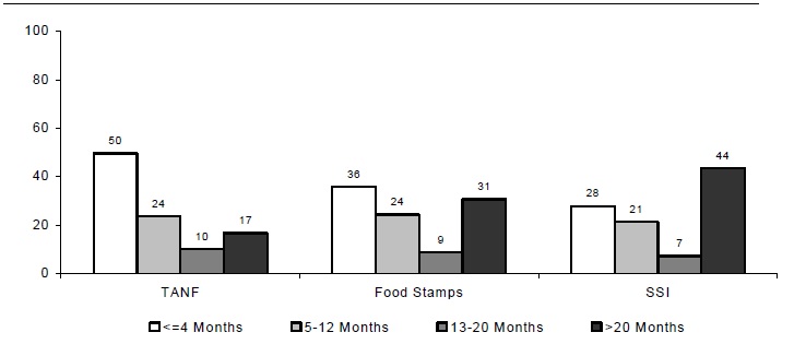 Figure IND 8. Percentage of TANF, Food Stamp and SSI Spells for Individuals Entering Programs during the 2001 SIPP Panel, by Length of Spell