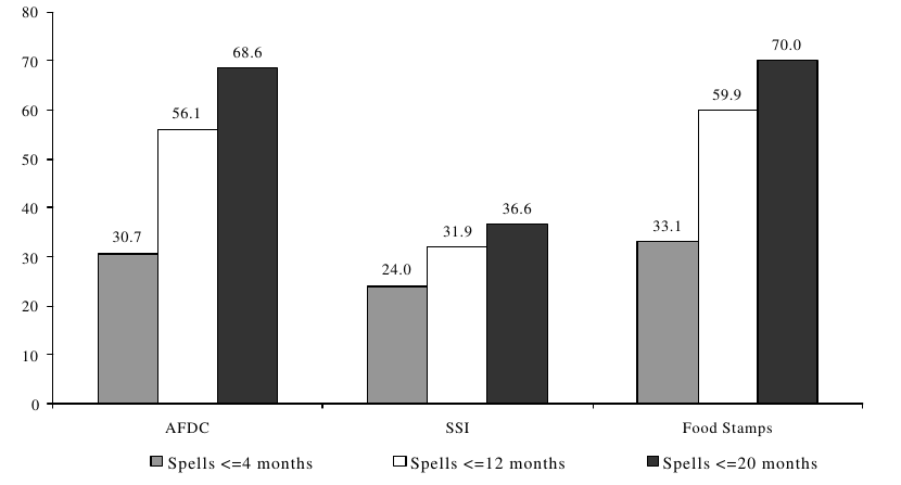 Figure IND 8. Percentage of AFDC, Food Stamp, and SSI Spells for Individuals Entering Programs During the 1993 SIPP Panel, by Length of Spell