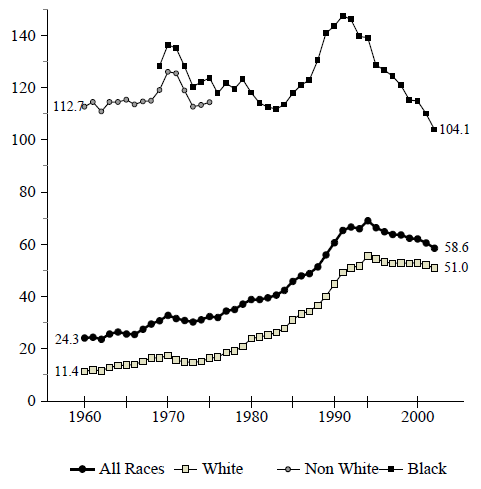 Figure BIRTH 3b. Births per 1,000 Unmarried Teens Ages 18 and 19, by Race: 1960-2002