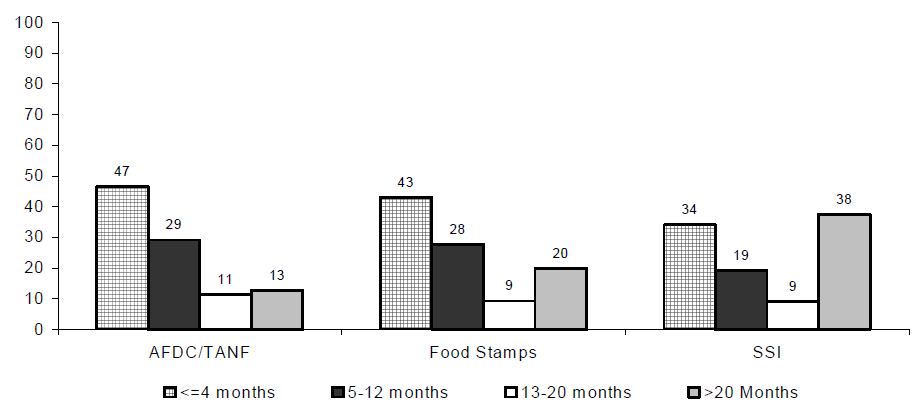 Figure IND 8. Percentage of AFDC/TANF, Food Stamp, and SSI Spells for Individuals Entering Programs During the 1996 SIPP Panel, by Length of Spel