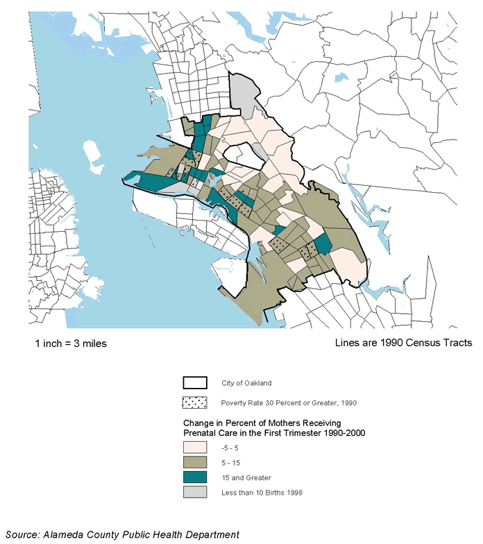 Figure 9.6 Alameda County, CA. Change in Early Prenatal Care Rates 1990-2000