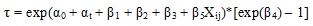 t = exp(Alpha subscript 0 + Alpha subscript t + Beta subscript 1 + Beta subscript 2 + Beta subscript 3 + Beta subscript 5 X subscript ij)*[exp(Beta subscript 4) - 1]